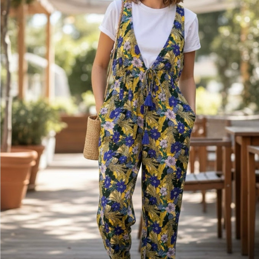 Lost + Wander Isla Floral V-Neck Tassel Jumpsuit Size M